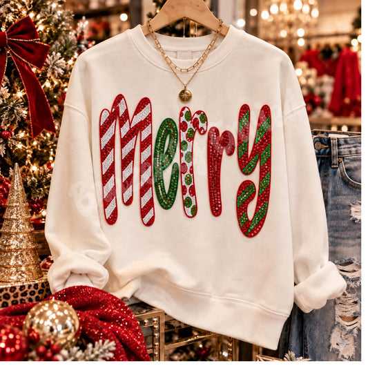 MERRY Sequin Patch | Christmas Iron On Patch | Holiday Sweatshirt Patch | Red Green White Sequin Appliqué | Ready to Ship