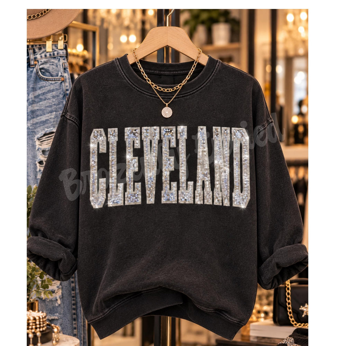 Cleveland  Patch 11.5" Wide |Silver Sequin & Embroidered Iron On Patch | City Spirit Sweatshirt Patch | Ready to Ship