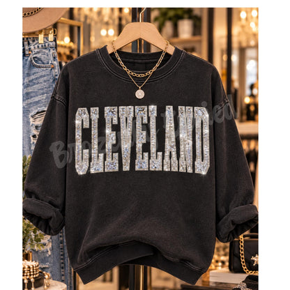 Cleveland  Patch 11.5" Wide |Silver Sequin & Embroidered Iron On Patch | City Spirit Sweatshirt Patch | Ready to Ship