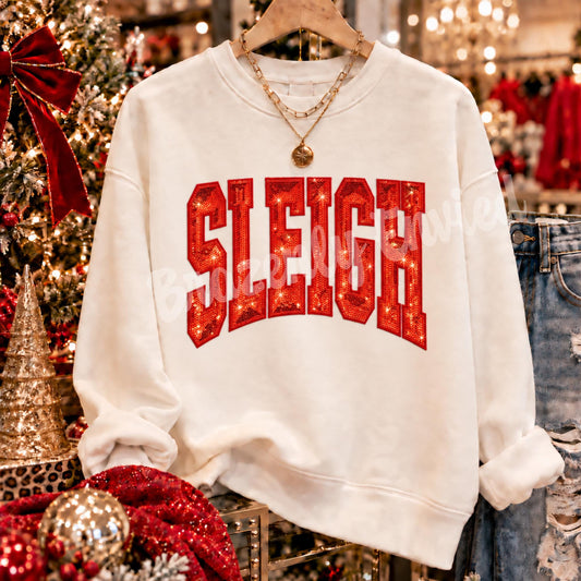 Christmas Patch 10.5/8" Wide |Red SLEIGH Sequin & Embroidered Iron On Patch | Holiday Sweatshirt Patch | Ready to Ship