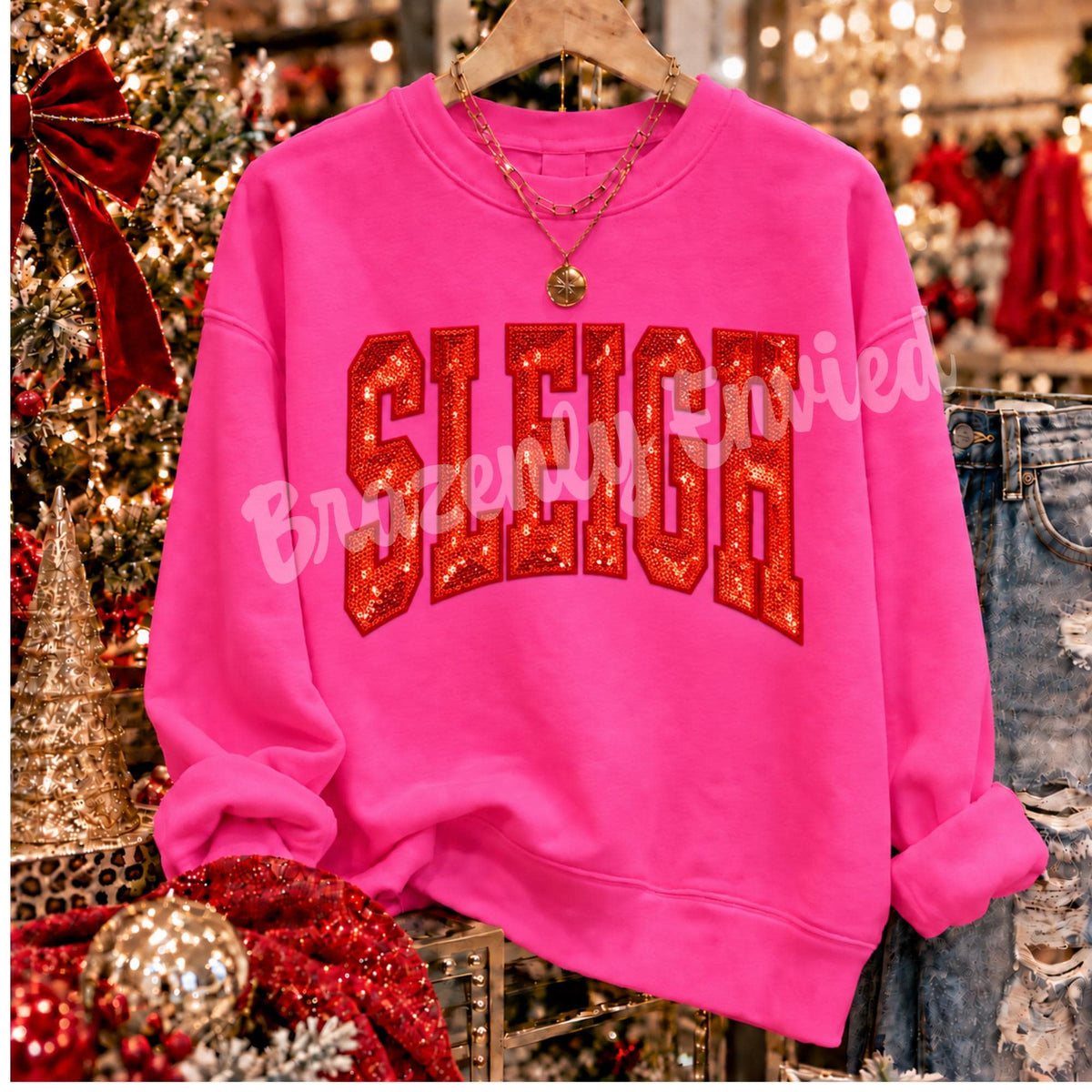 Christmas Patch 10.5/8" Wide |Red SLEIGH Sequin & Embroidered Iron On Patch | Holiday Sweatshirt Patch | Ready to Ship